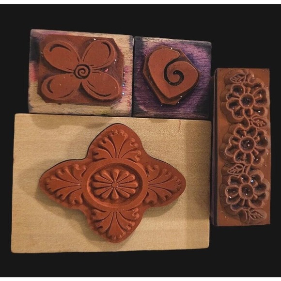 Stamps Wood Mounted Rubber Uptown Flower Swirl Flower Row Leafy Art 4pc Lot - Picture 2 of 7